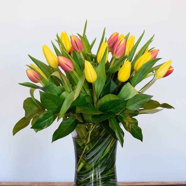 Yellow and pink tulips in a clear glass vase with a single yellow rose lying beside it
