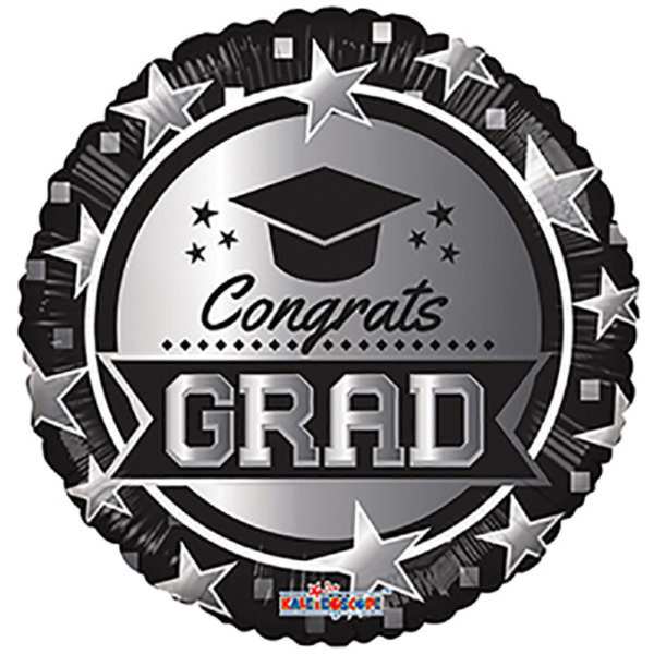 Round black and silver graduation balloon with stars and "Congrats Grad" text