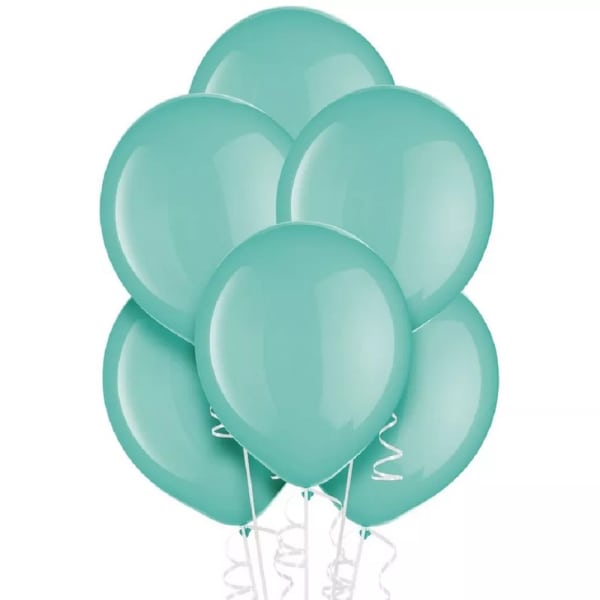 Cluster of mint green balloons with curling ribbons