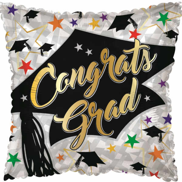 Square graduation balloon with "Congrats Grad" text and star patterns