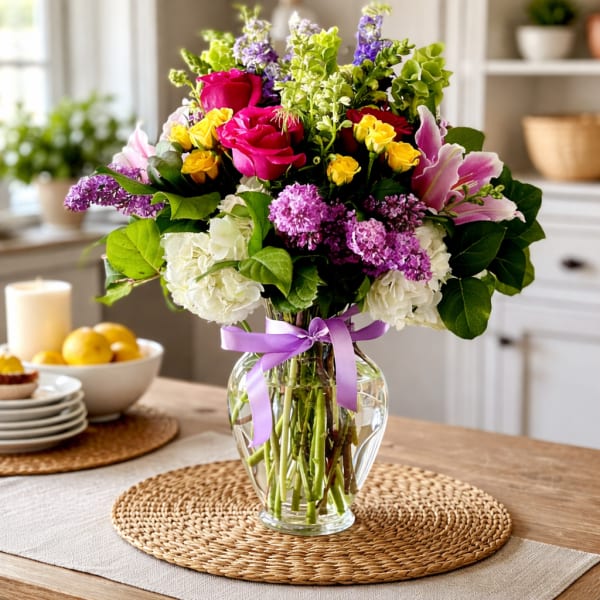 Mixed bouquet of pink roses, purple blooms, and white flowers in a glass vase