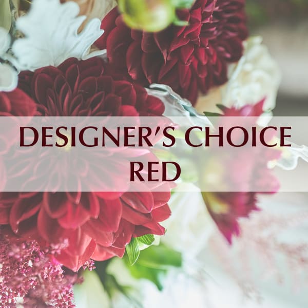 Red dahlia bouquet with white flowers and green accents