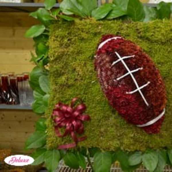 Football-shaped floral display on a moss-covered square panel with ribbon accents