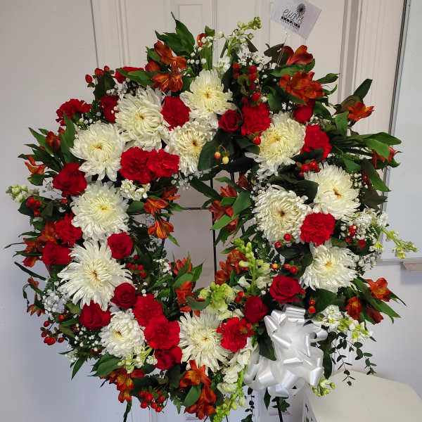 Red and White Circular Funeral Spray