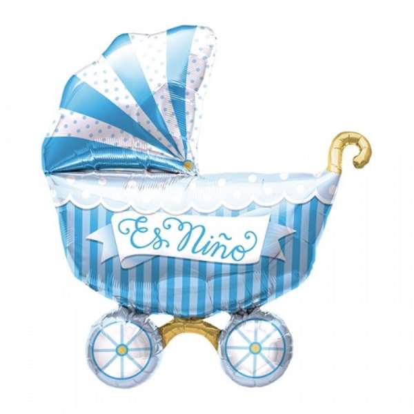 Blue baby carriage-shaped balloon with "Es Niño" text
