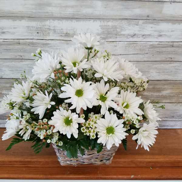 White daisy bouquet in a woven basket