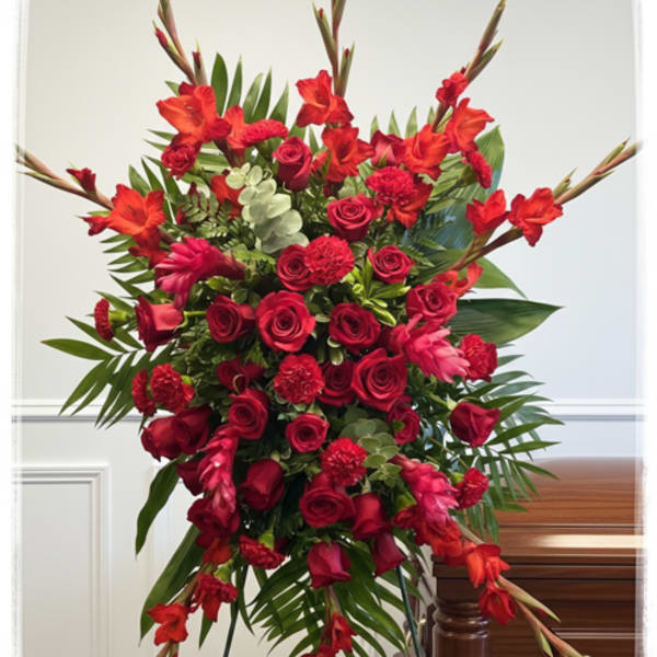 Tall red floral standing spray with roses and lilies