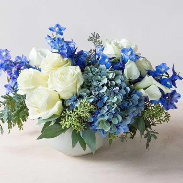 White roses and blue hydrangeas arranged in a low white bowl