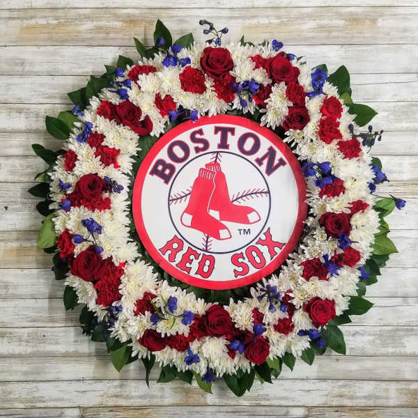 Boston Red Sox floral wreath with red, white, and blue flowers