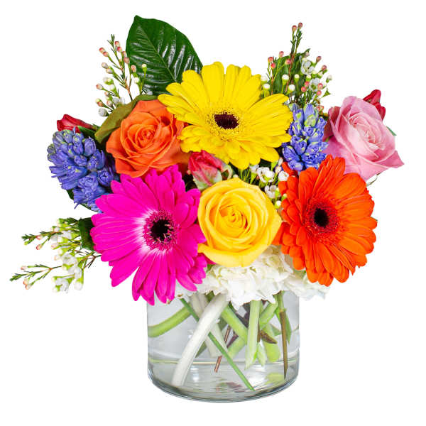 Colorful mixed bouquet in a clear glass vase