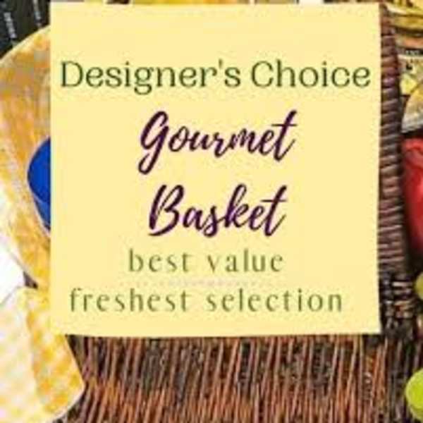 Designer’s choice gourmet basket with a yellow sign