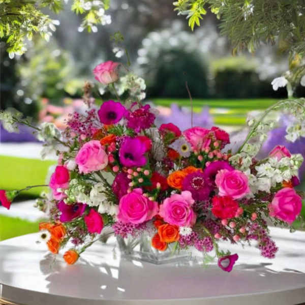 Bright pink and orange floral arrangement in a clear vase