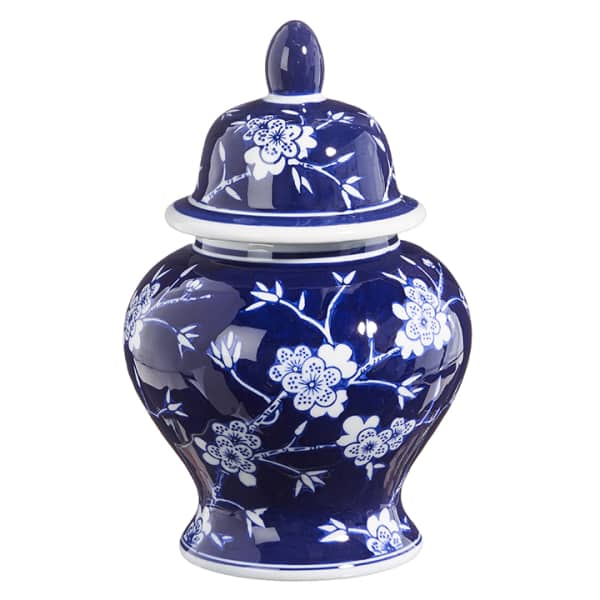 Blue-and-white ceramic ginger jar with floral pattern