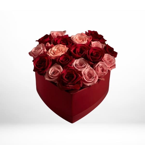 Heart-shaped box filled with red and pink roses