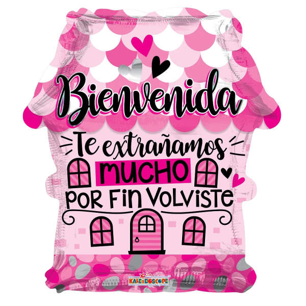 Pink house-shaped balloon with Spanish welcome text and hearts