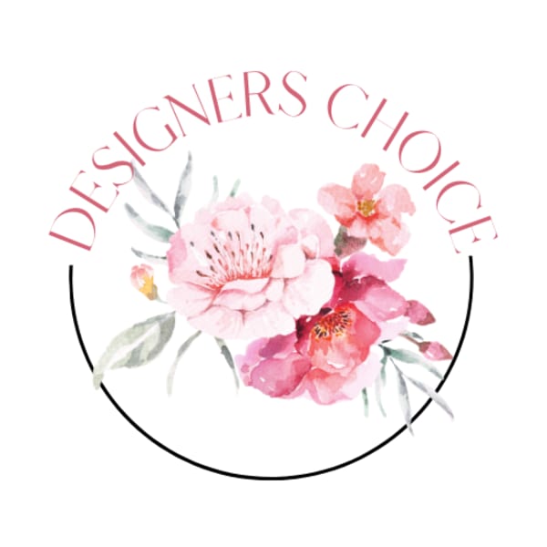 Watercolor floral logo with pink blossoms and circular text