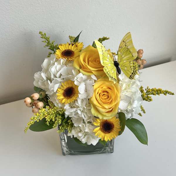 Compact yellow and white arrangement with roses, hydrangea, and daisies in a glass cube with a decorative butterfly