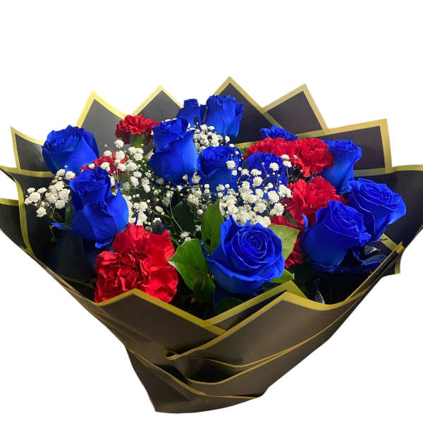 Bouquet of blue roses and red carnations with white baby's breath