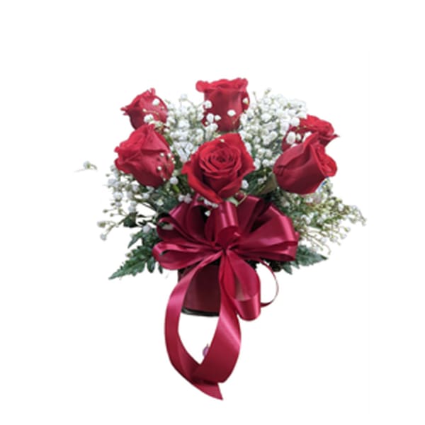Bouquet of red roses with white baby's breath and a red ribbon