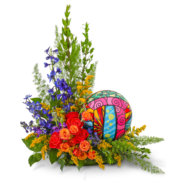 Colorful floral arrangement with roses, blue flowers, and a decorative patterned sphere