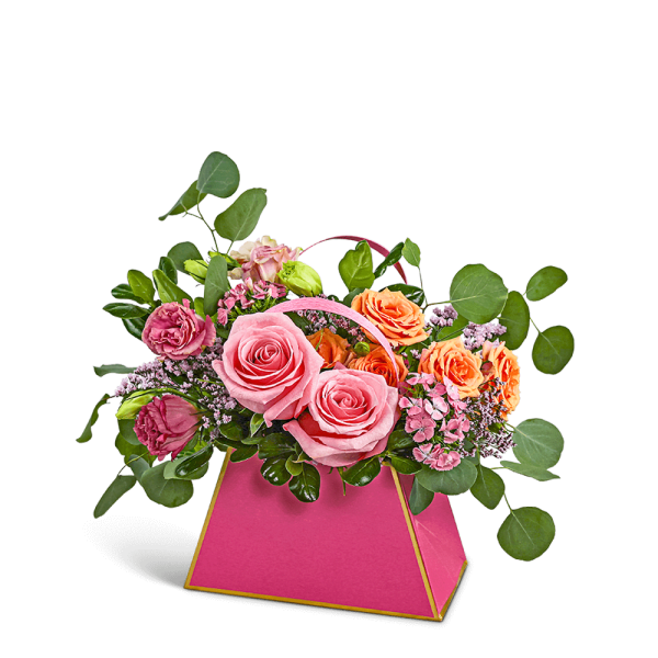 Pink and orange rose bouquet in a bright pink box