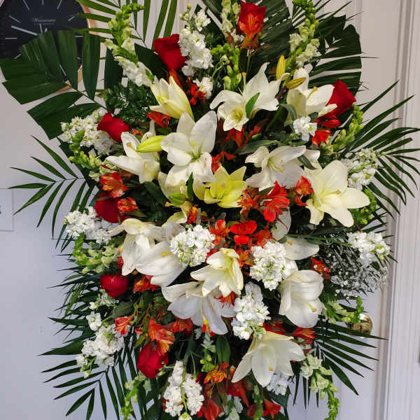 Red Roses & White Oriental Lilies Funeral Spray