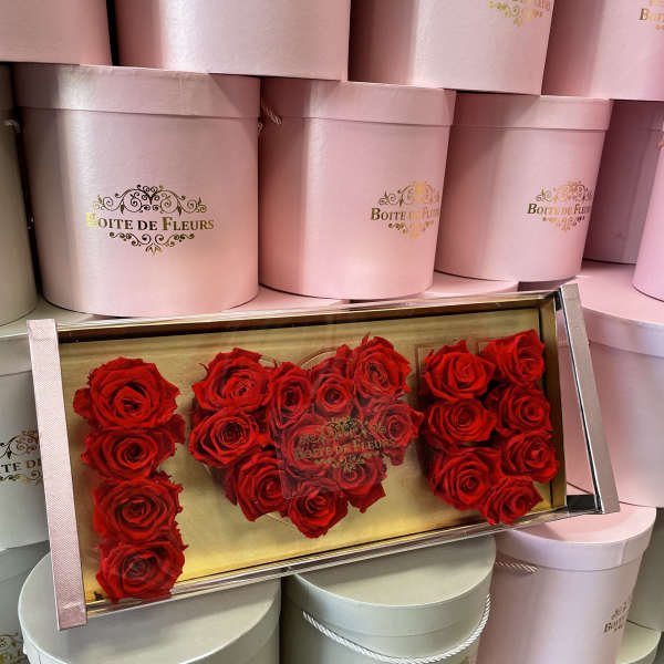 Red roses arranged in a clear rectangular box with pink round hat boxes behind
