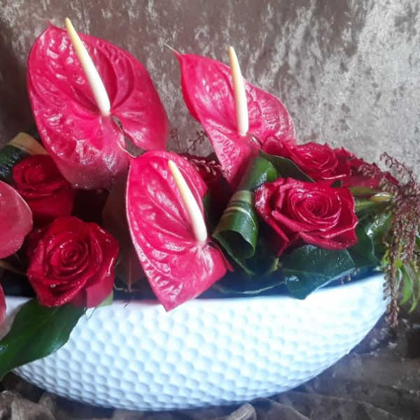 Pink anthuriums and red roses arranged in a white bowl vase