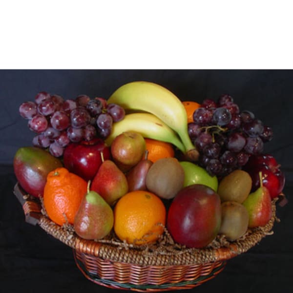 Fruit basket with bananas, grapes, oranges, pears, apples, and mangoes