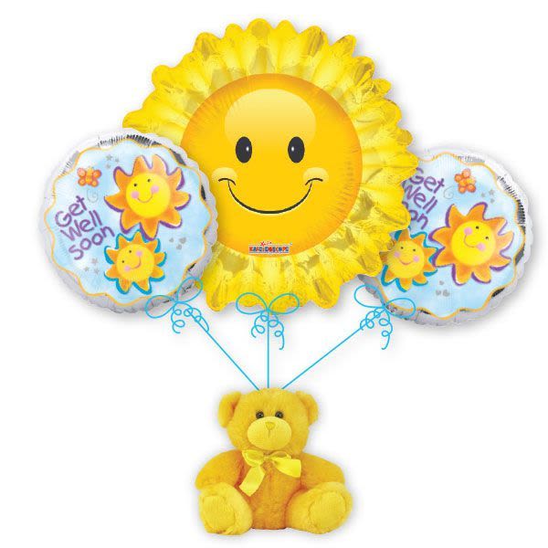 Sun and get-well balloons with a yellow teddy bear