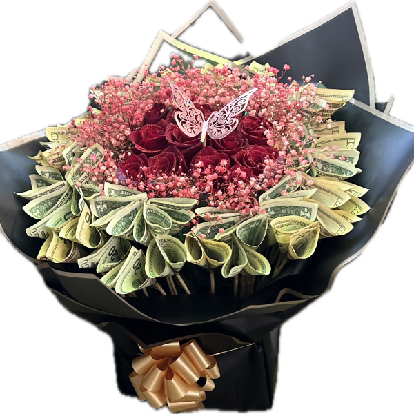 Bouquet of red roses with pink filler and folded dollar bills