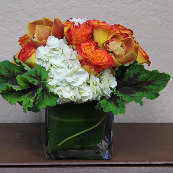 Orange and white roses arranged in a square glass vase