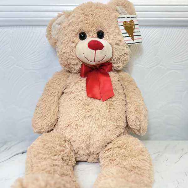 Plush teddy bear with a red bow and heart tag