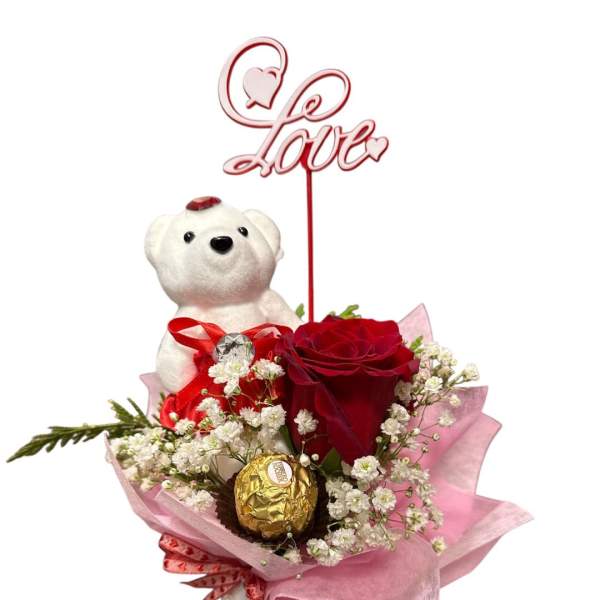 Red rose bouquet with a teddy bear, chocolates, and a love topper