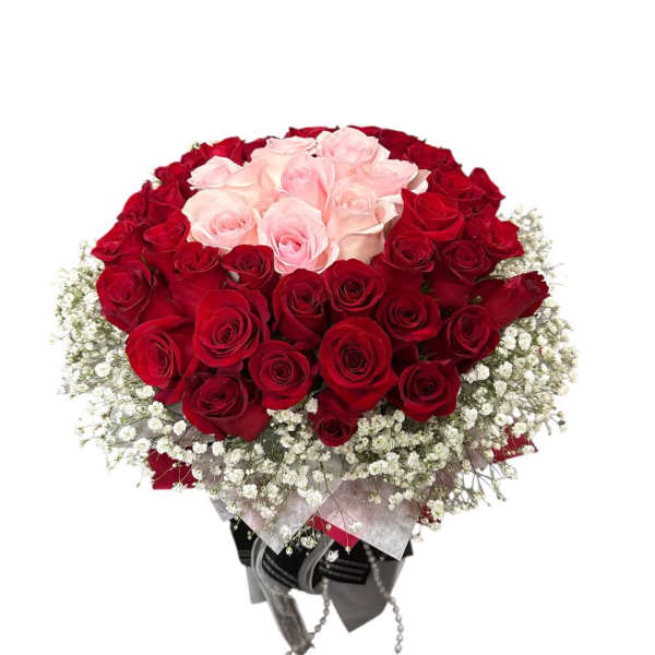 Bouquet of red and pale pink roses with baby's breath
