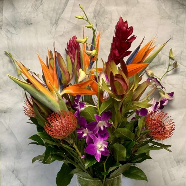 Tropical bouquet with orange bird-of-paradise and purple orchids in a glass vase