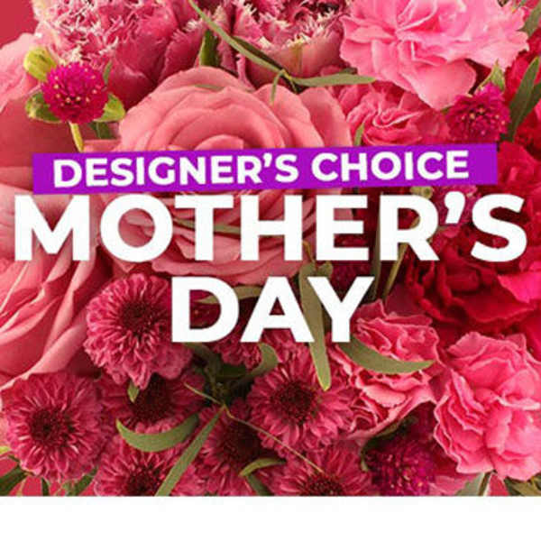 Pink floral arrangement with roses and carnations behind Mother's Day text