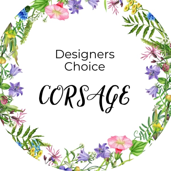Floral wreath illustration encircling the words 'Designers Choice Corsage' on white background.