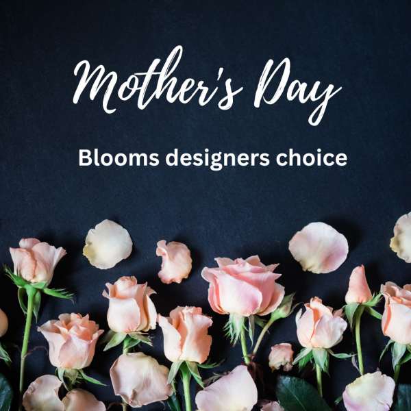 Pink roses arranged on a dark background with Mother's Day text