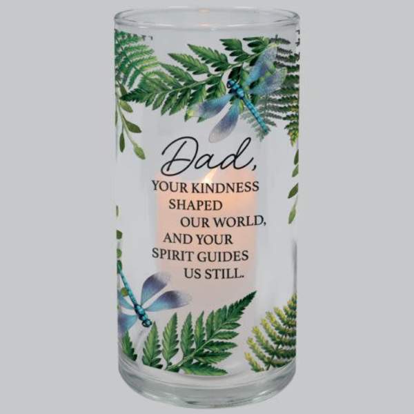 Glass candle holder with a memorial message and dragonfly design