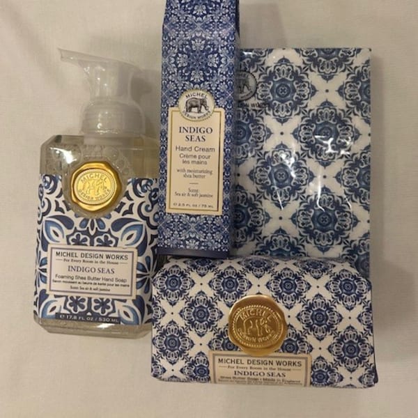 Indigo Seas hand soap and hand cream gift set with patterned packaging