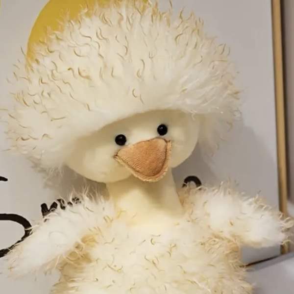 Plush duck toy with a fluffy white hat and body