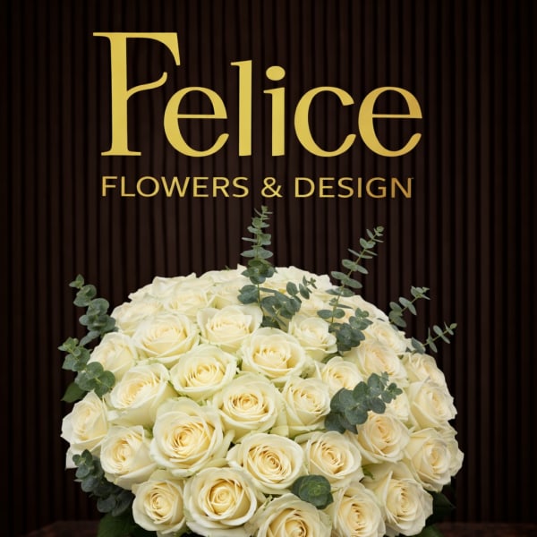 Bouquet of cream roses with eucalyptus accents and ribbon