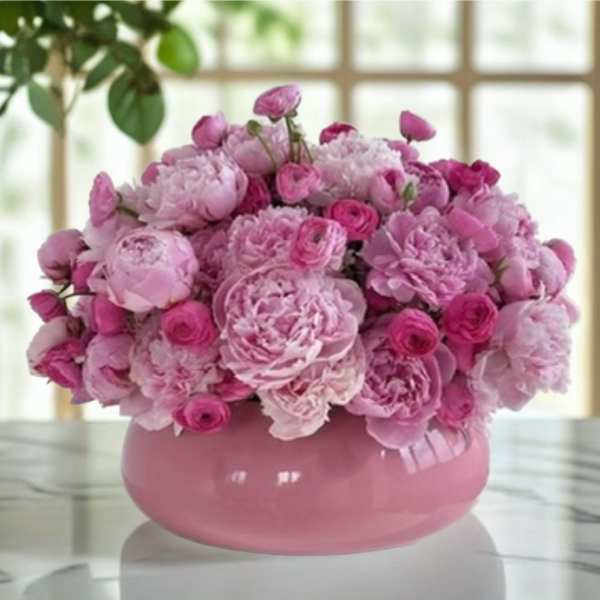 Pink floral arrangement in a round pink vase