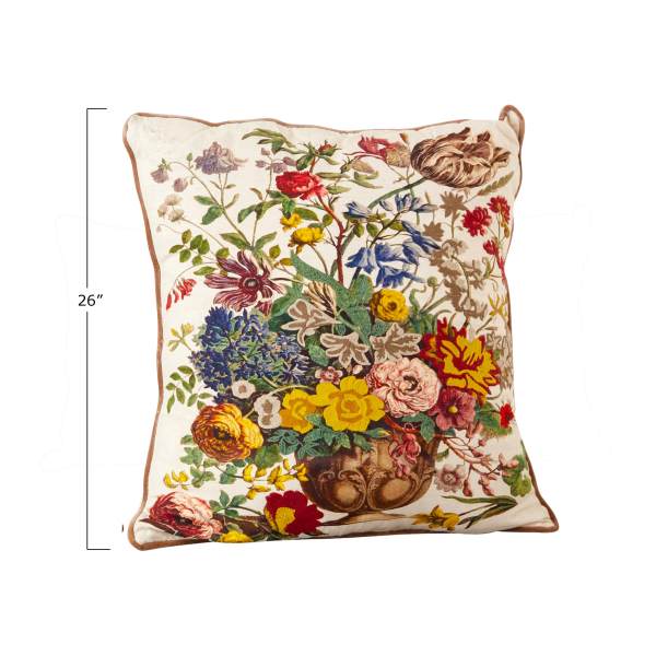 Square floral-print decorative pillow with multicolored flowers