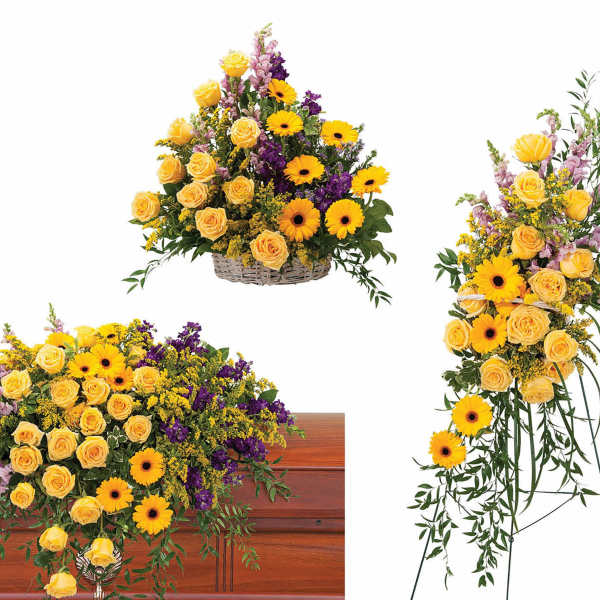 Yellow roses and daisies arranged in a casket spray and standing spray.