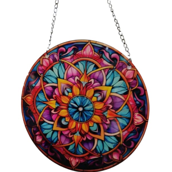 Round stained-glass-style hanging panel with colorful floral mandala design