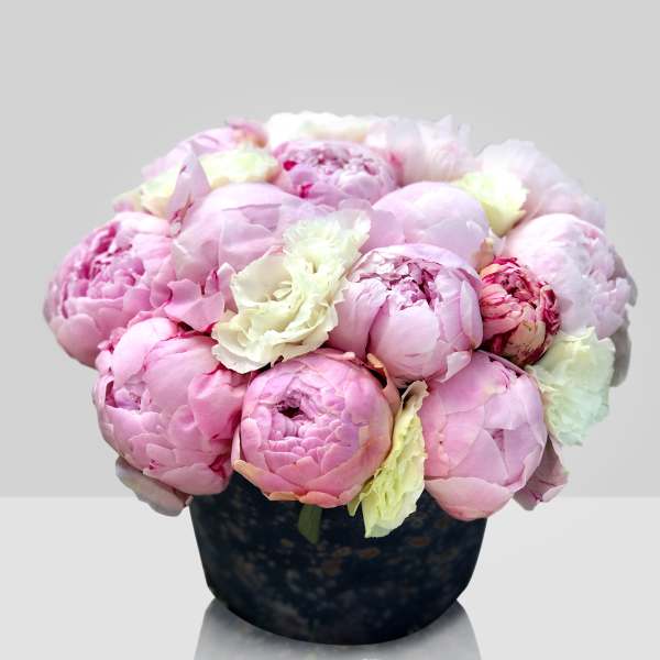 Pink peonies arranged in a dark round vase