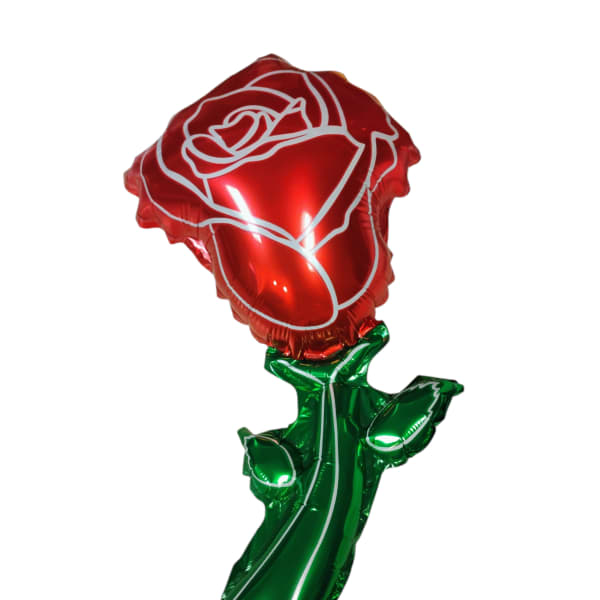 Red rose-shaped foil balloon with a green stem