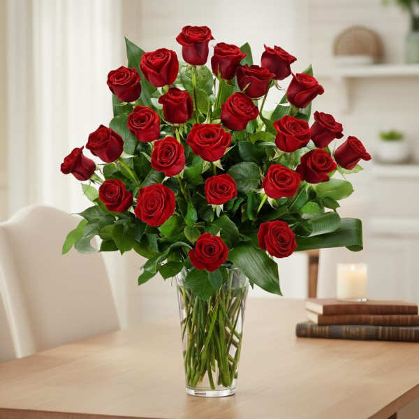 Tall arrangement of long-stem red roses in a clear glass vase on a table